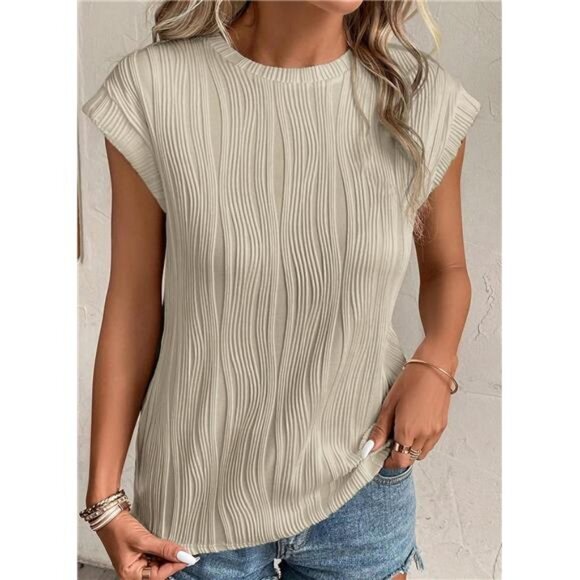 Women's Short Sleeve Textured Crewneck Tops - Knit Solid Casual Basic T-Shirts - Picture 3 of 7